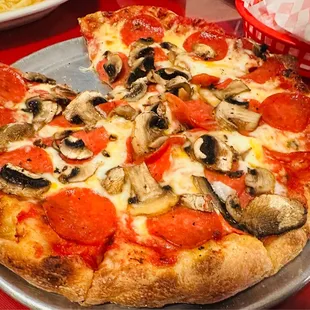Pepperoni and mushroom pizza