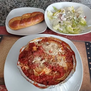 Spaghetti with Bread and Salad