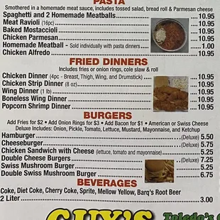 Breads , calzones , pastas , fried dinners , burgers