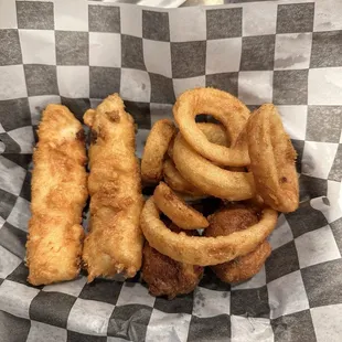 Beer battered fish and onion rings with the delicious onion rings!