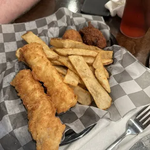 Fish and chips with delicious hush puppies!