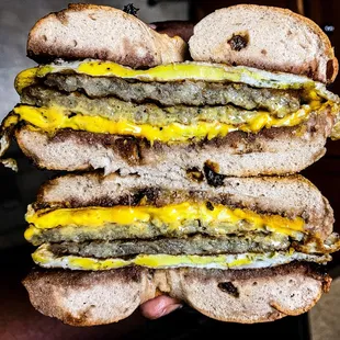 Chicken sausage, egg &amp; cheese on a cinnamon raisin bagel