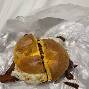 Bacon, egg, and cheese on an asiago bagel. Picture definitely doesn&apos;t do the bacon justice! Big taste!