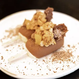 Malted Milk Popsicles with Orange Marmalade, Caramel Krispies, Chocolate Sponge Cake