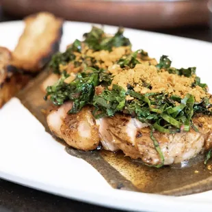 Pork Chop, Charred Plantain, Swiss Chard, Berbere Spice