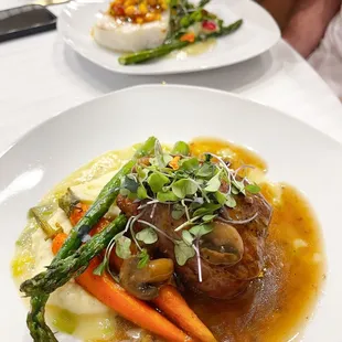 Filet Mignon, Potato Puree, Roasted Vegetables, Melted Leek Sauce, Beef Reduction w/Mushrooms