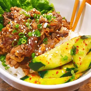 Korean Beef Bulgogi, Steamed Rice, Cucumber Kimchi Salad