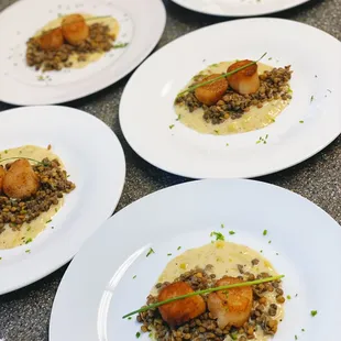 Pan Seared Mussels, Braised Lentils, Melted Leek Sauce