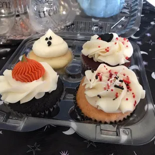 three cupcakes in a muffin tin