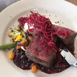 Elk medallions, garlic mash and winter veggies