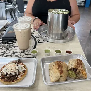 Sopes, Horchata, Burrito, Nachos! Assortment of salsas