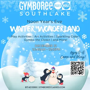 Join us for Snow Themed Play Activities, Arts &amp; Crafts, Sing-Alongs &amp; Music Fun, Noon Ball Drop! Interactive Story Time and Sparkling cider!