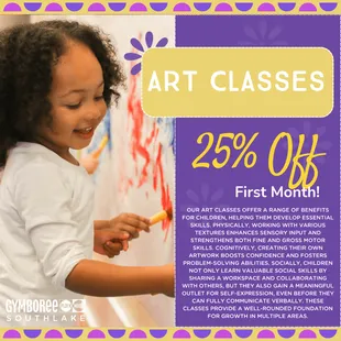 Let your little ones show off their creativity in Art Classes.  Save 25% off the 1st month of classes through Jan. 26!