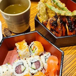 New Year&apos;s Day 2023 menu selection: teri chicken and tekka kappa roll with tenpura