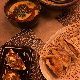 pork gyoza, crispy rice spicy tuna, tsukamen