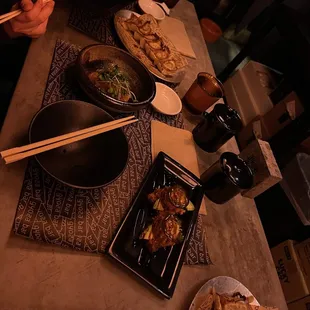 Gyoza Tuna crispy rice Salmon sashimi