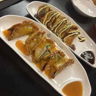 Deep Fried Wagu beef and vegetable gyoza and their specialty gyoza (breaded and deep fried)
