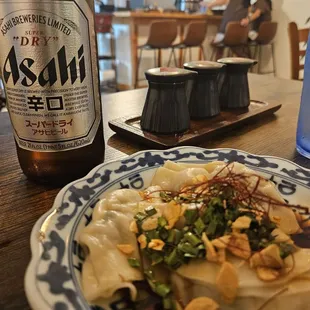 Boiled gyoza with Asahi