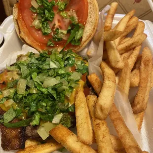 Bacon cheddar burger with spicy fries