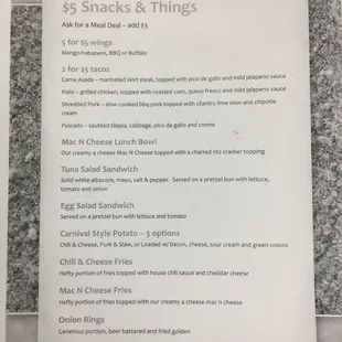 $5 snacks menu