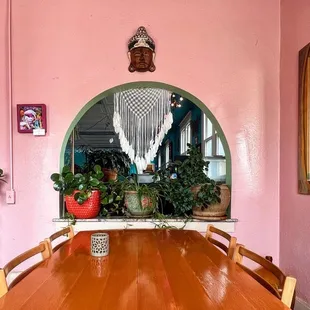 a pink dining room