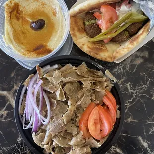 Gyro Rice Bowl &amp; Tzatziki  Falafel Pita Baba Ghannouj