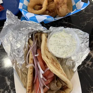 Gyro with Tzatziki and onion rings!