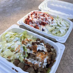 two takeout containers of food