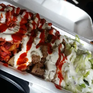 Chicken and Lamb over rice.