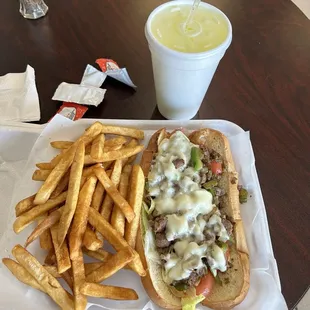 Philly and Fries with a Mtn Dew