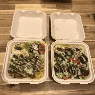 Left: kofta plate. Right: vegetarian plate.