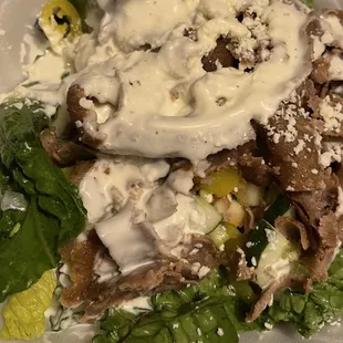 Gyro salad- there&apos;s all kinds of veggie goodness under that meat!