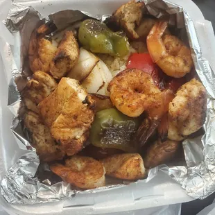 Shrimp kabob plus chicken.