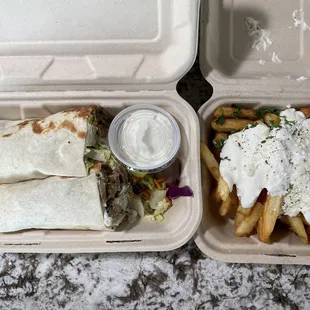 Lamb &amp; Beef Kebab Saj with a side of small Greek Fries