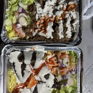 top: gyro over rice bottom: beef kabob over rice