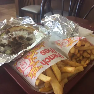 A filling meal of #1 combo: jumbo gyro, fries w/extra seasoning salt, and a med. soda (fountain drink) of your choice - Pepsi products.