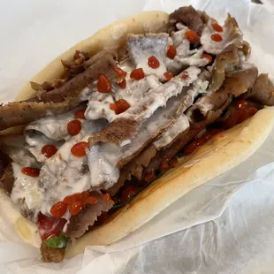 Beef &amp; Lamb Gyro! Had to make it spicy! I like they put the veggies on the bottom!
