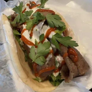 Lamb &amp; Beef gryo! I love that they left the meat slices whole! I added sriracha and parsley!