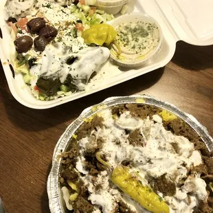 Top (Veggie Mezza Plate), bottom (gyro with tzaki sauce)