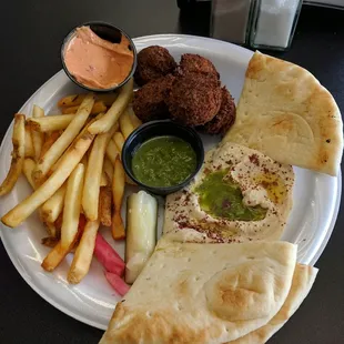 Pick 3 combo with falafel, hummus, and fries.