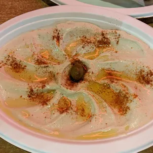 Hummus.  Comes with a fresh hot pita.