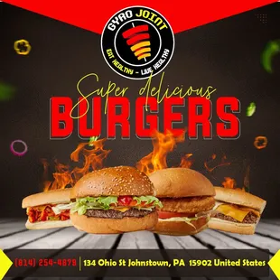 two burgers with flames in the background