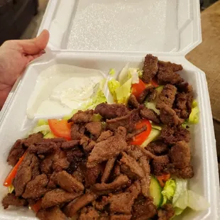 Greek salad with extra gyro meat.