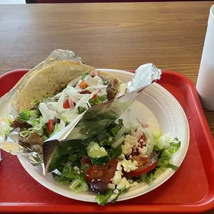a plate of food and a drink