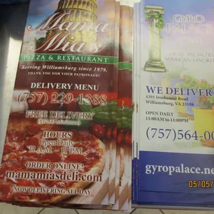 Gyro Palace: Stack of menus. Also a stack of menus for… Mama Miaʼs?⁉️