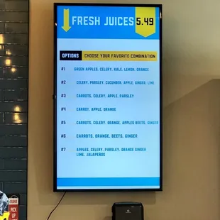 Fresh juice menu