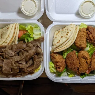 L-R: Gyro Plate, $8.99 prior to tax. Falafel Salad, $9.99 prior to tax (Total $20.74 after tax)