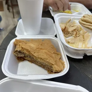 The hummus and giant baklava we were gifted with by the kind staff.