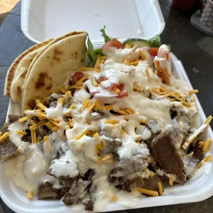 Rice, beef, pita and salad!