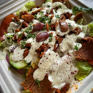 Lamb and beef gyro salad - garlic sauce instead of Tzatziki